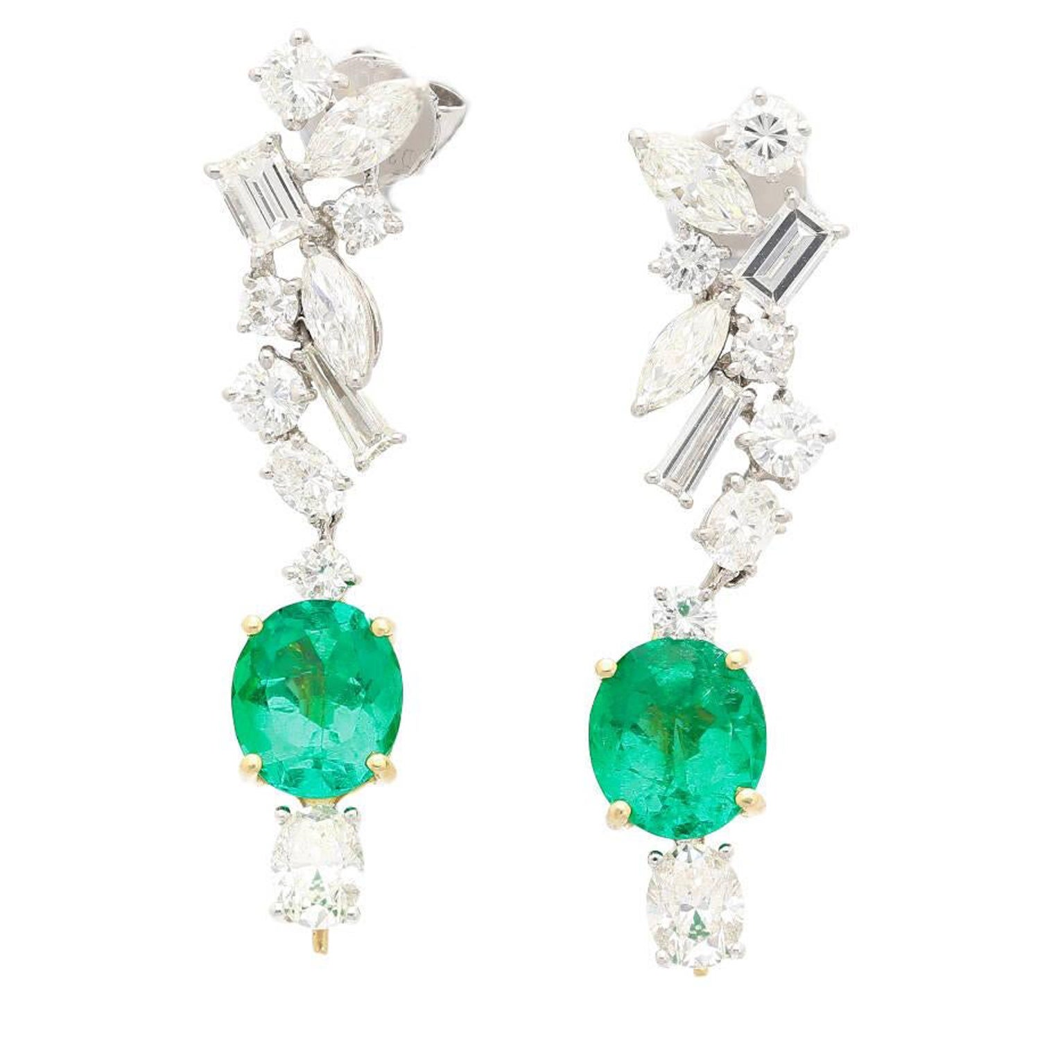 Natural Colombian Emerald and Diamond Detachable Drop Earrings in 18K White Gold For Sale
