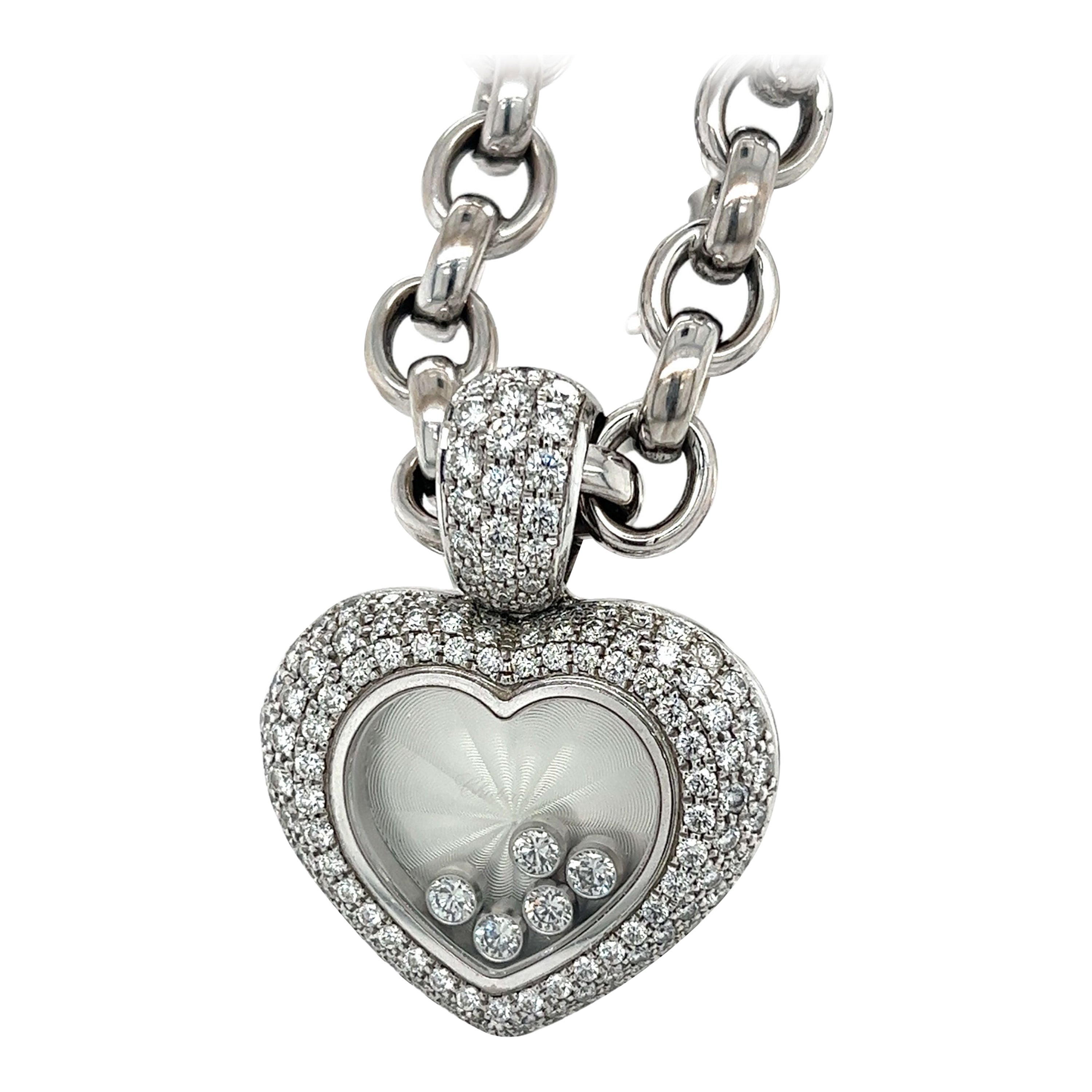Chopard Collier pendentif Happy Diamond Heart en or blanc 18 carats avec pochette/papier  en vente