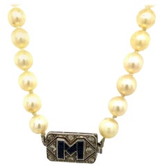 Vintage Cultured Pearl Necklace with Diamond & Sapphire "M" initial Clasp