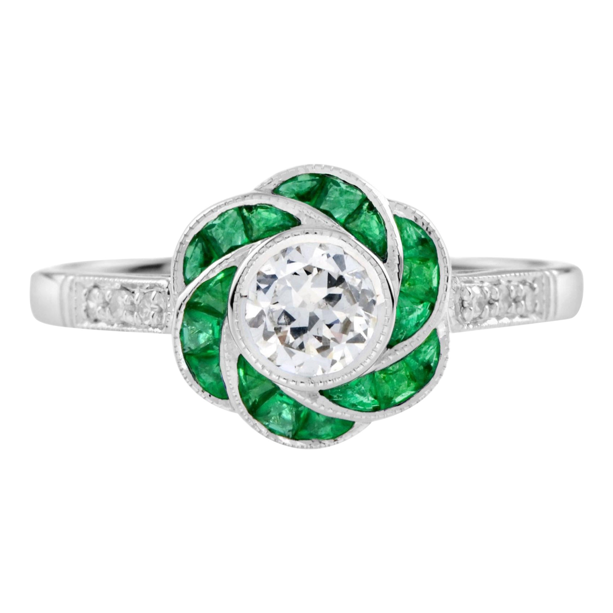 For Sale:  Diamond and Emerald Art Deco Style Rose Flower Ring in 18K White Gold