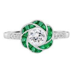 Diamond and Emerald Art Deco Style Rose Flower Ring in 18K White Gold