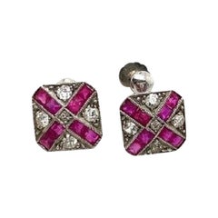 Vintage Boucheron Diamond & Ruby Earrings Set in Platinum & 9ct White Gold