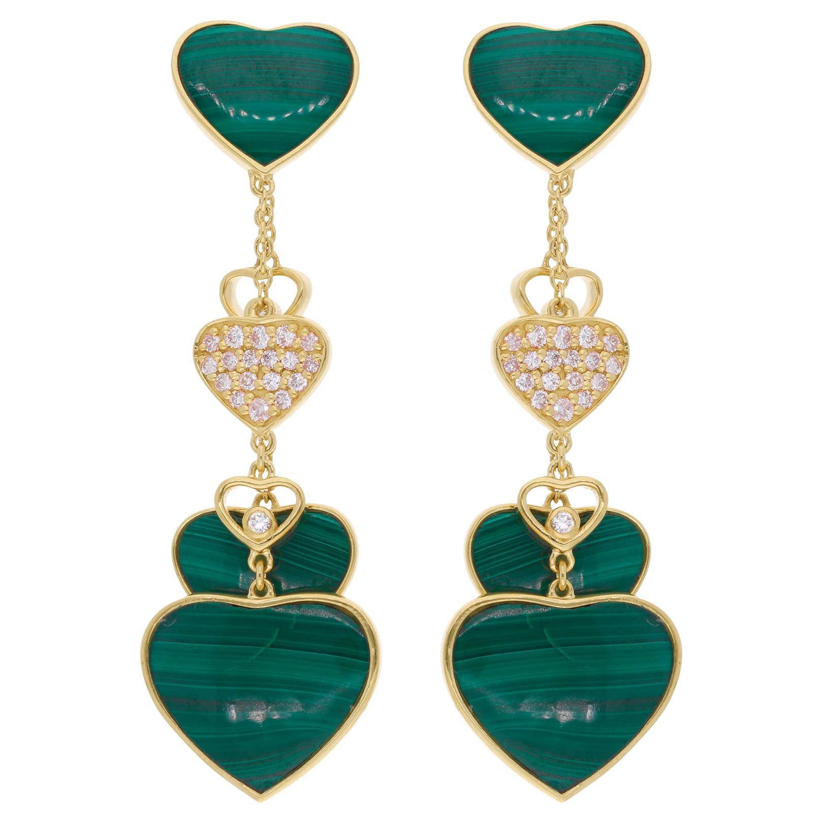 Malachite Gemstone Multi Heart Fine Dangle Earrings Diamond 14 Karat Yellow Gold For Sale