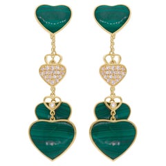 Malachite Gemstone Multi Heart Fine Dangle Earrings Diamond 14 Karat Yellow Gold