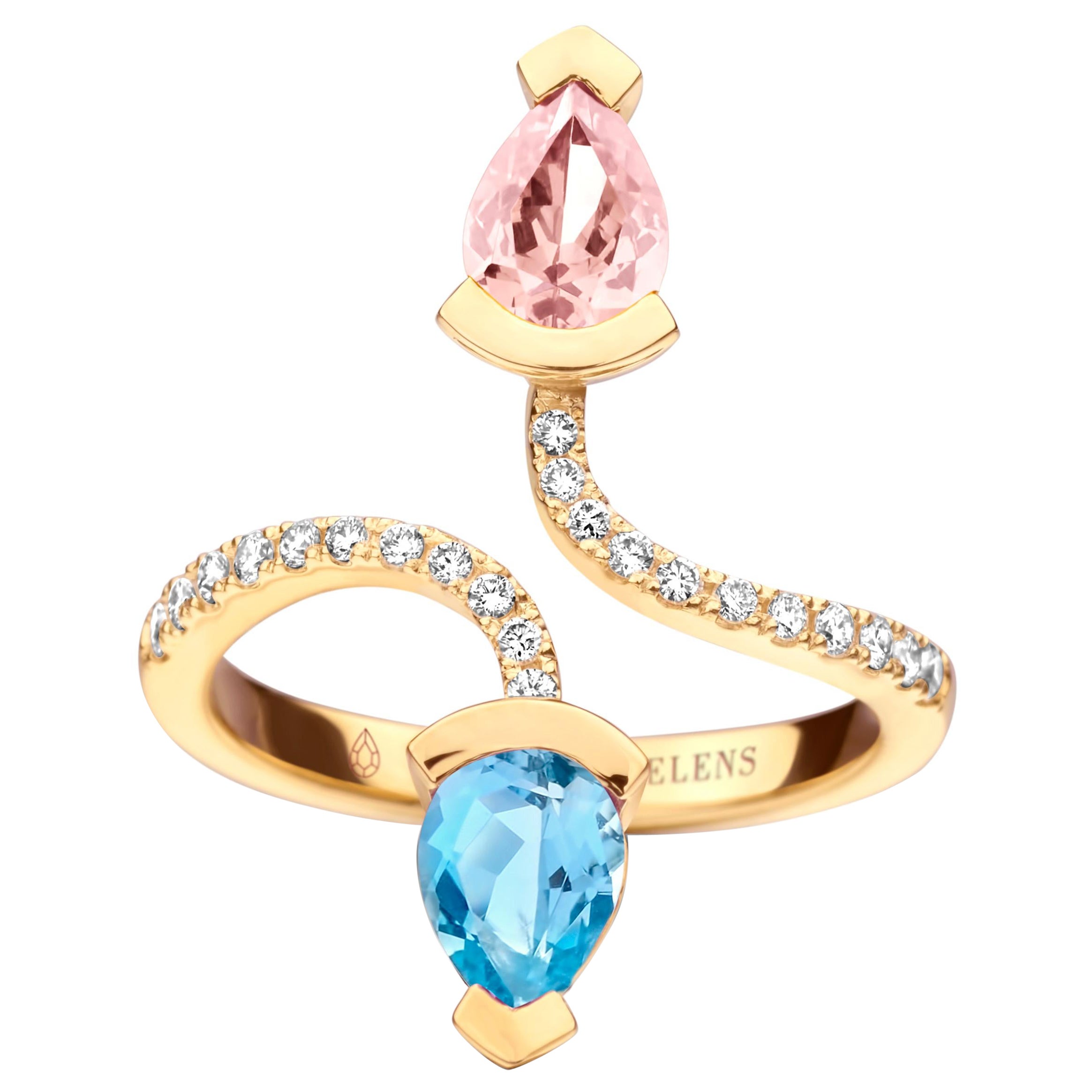 Morganite And Aquamarine Yellow Gold Diamond Cocktail Ring For Sale