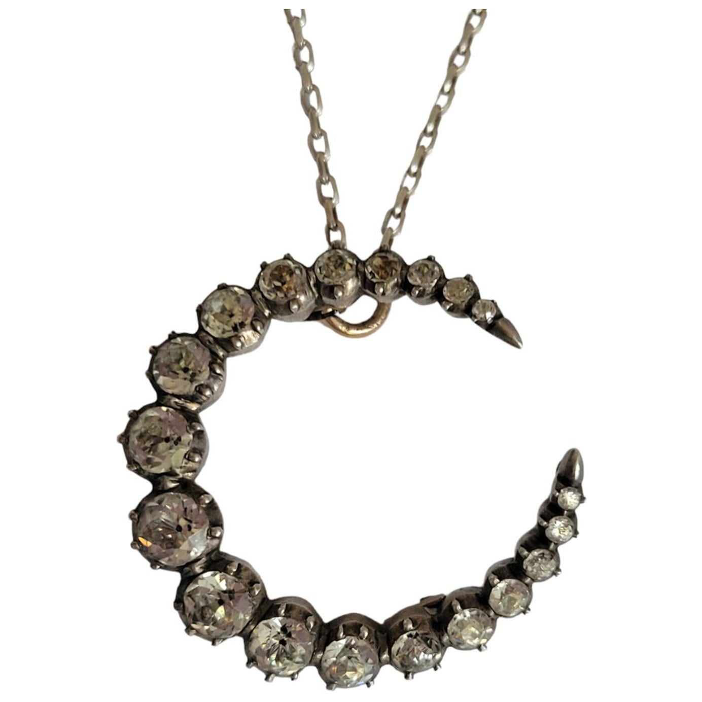 Victorian Paste Silver Crescent Moon Pendant Necklace For Sale