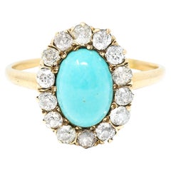 Victorian Turquoise Cabochon Old Mine Cut Diamond 14 Karat Yellow Gold Halo Ring
