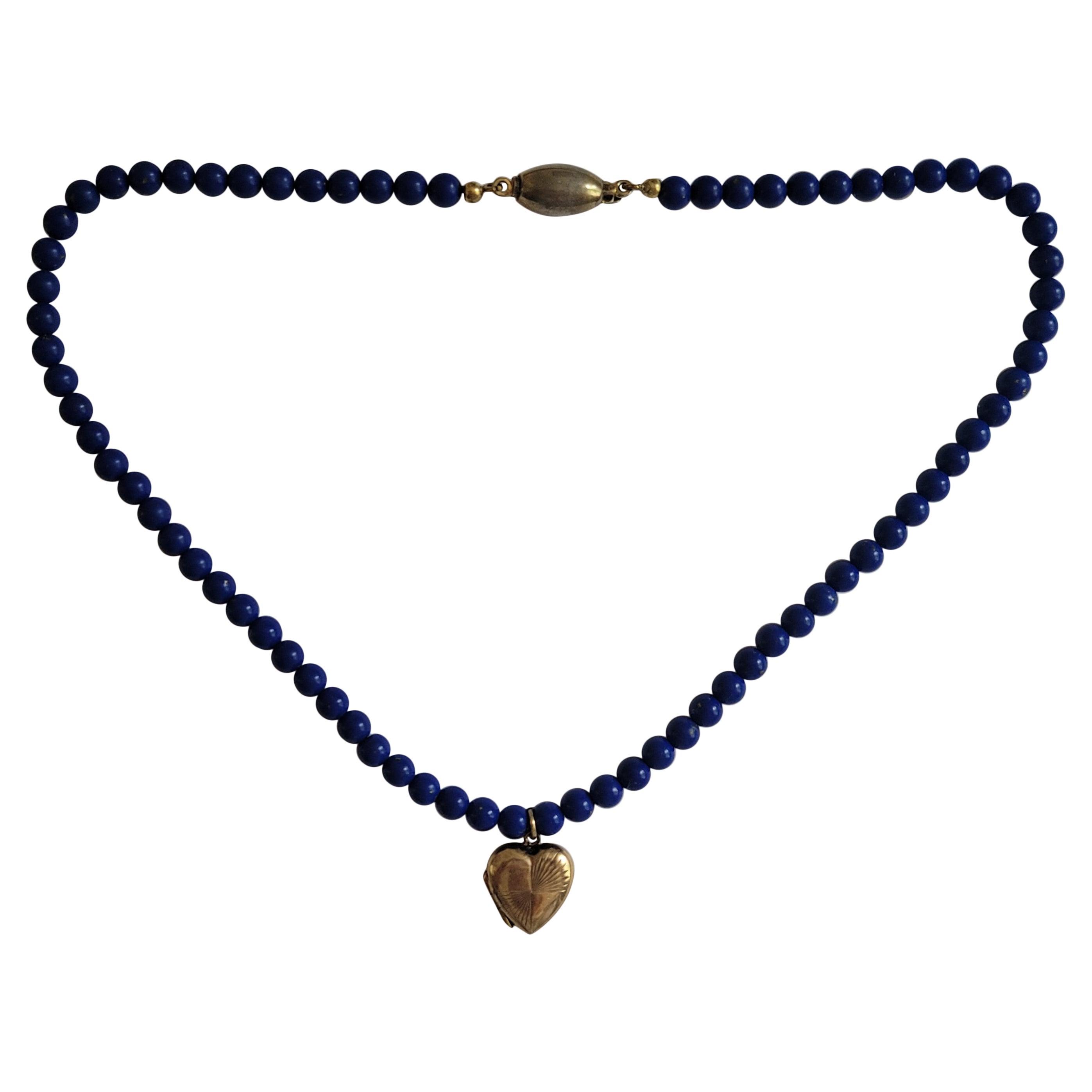 Vintage Herz Medaillon und Lapislazuli Perlen Halskette