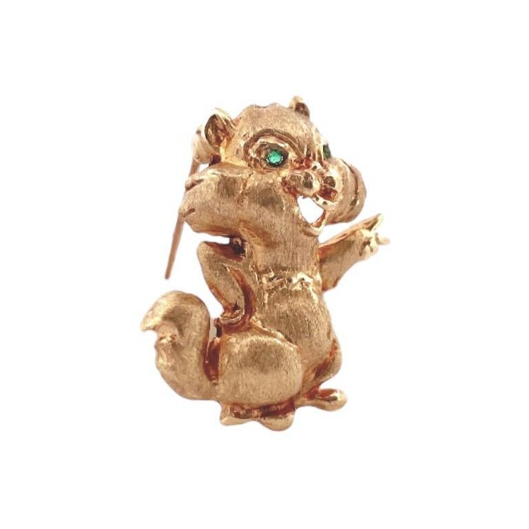 Retro 14K Yellow Gold Chipmunk Brooch with Emerald Eyes For Sale