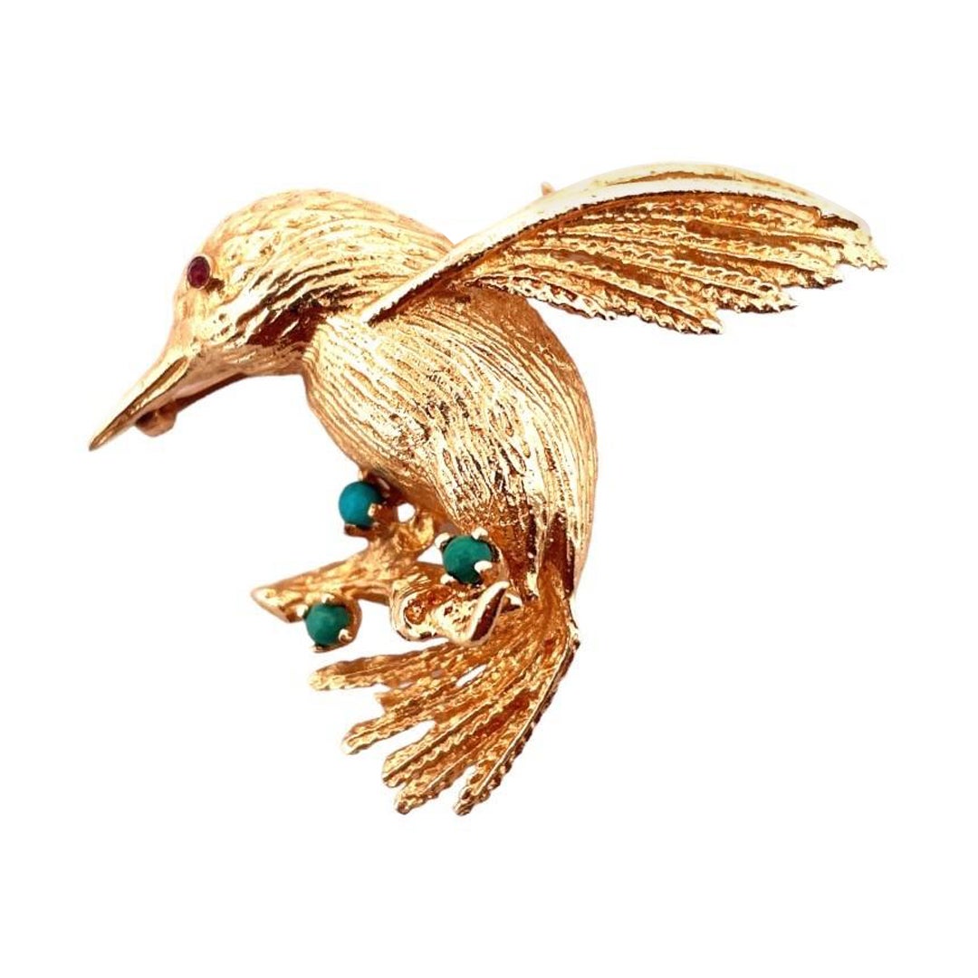14K Yellow Gold Bird Brooch with 3 Turquoise Gemstones For Sale