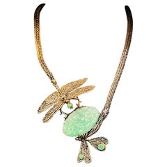 Sterling Silver 14K Yellow Gold & Jade Dragonfly Necklace 19 inch