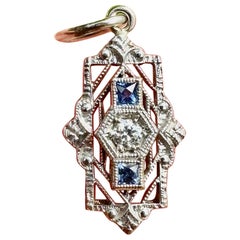 Antique Art Deco Old Mine Diamond Sapphire Pendant Necklace Filigree 14K White Gold