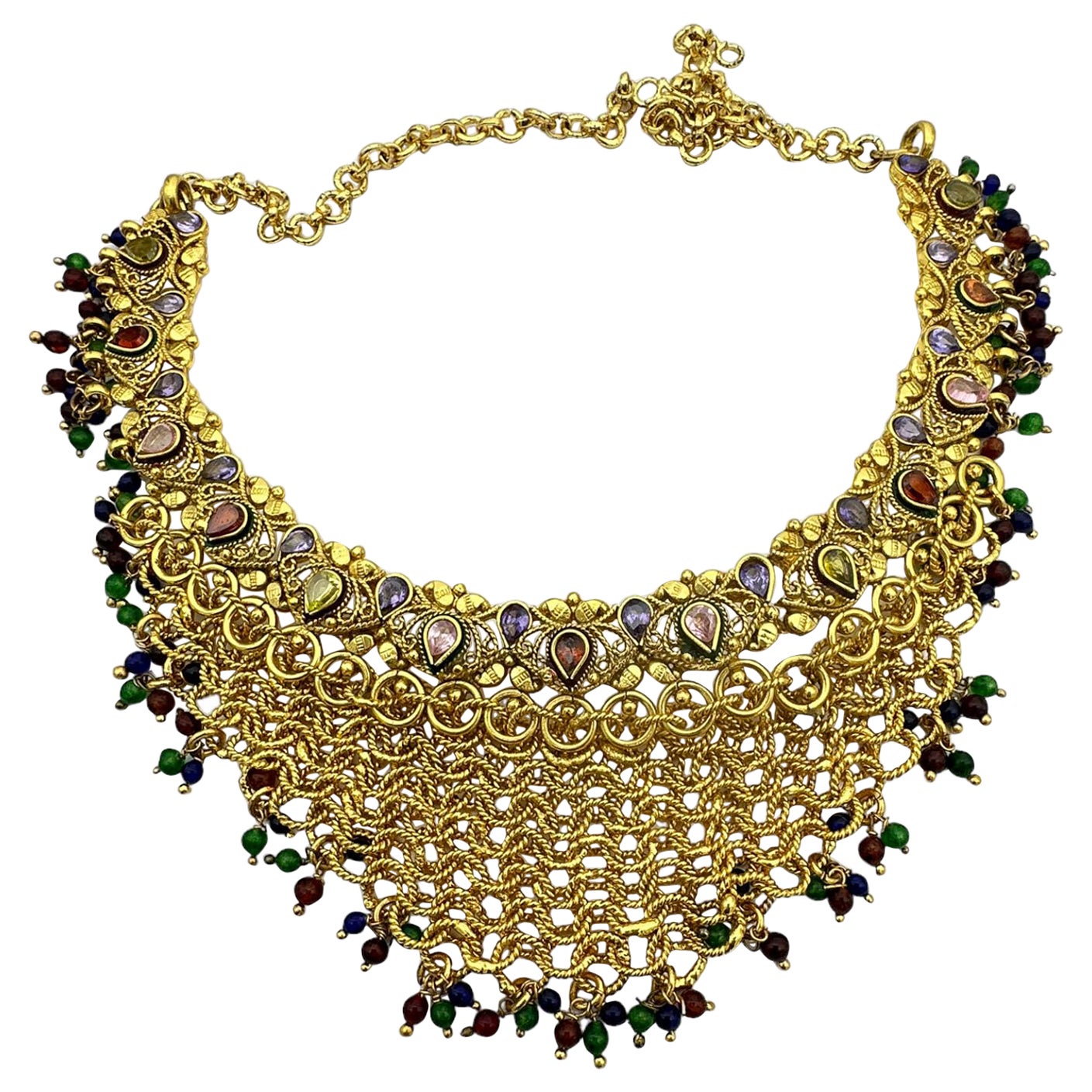 Egyptian Mesh, Jeweled Gem Colored Necklace 24K Electroplated For Sale
