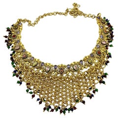 Vintage Egyptian Mesh, Jeweled Gem Colored Necklace 24K Electroplated