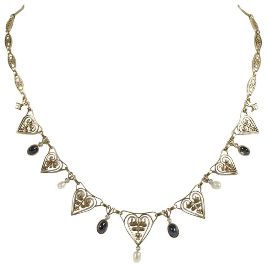 1900s Pearl Sapphire Diamond Gold Drapery Art Nouveau Necklace