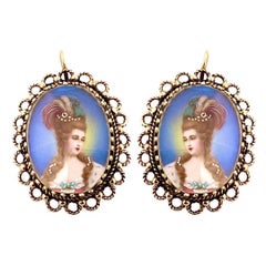 Boucles d'oreilles vintage portrait de femme victorienne en or jaune 14 carats