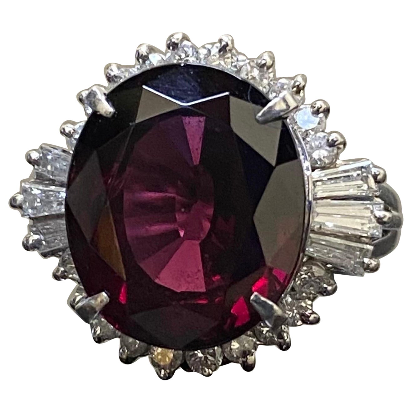 Art Deco Platinum Baguette Diamond 10.07 Rhodolite Garnet Engagement Ring For Sale