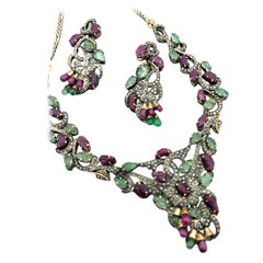 Antique Eastern Inspired Ruby & Emerald Beryl Leaf Motif Necklace Earrings Set