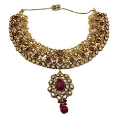 Vintage Egyptian Ruby Lavalier Dangle 24K Electroplated Necklace