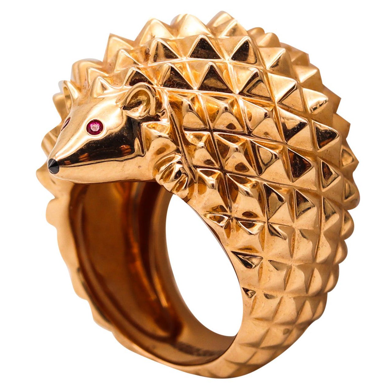 Boucheron Paris Rare Textured Porcupine Ring In 18Kt Yellow Gold With Two Rubies