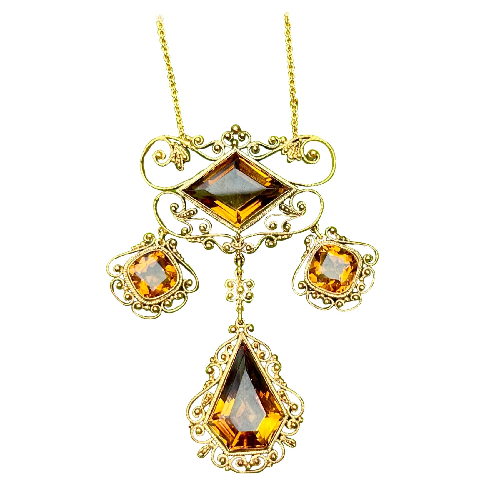 Belle Epoque Citrine Pendant Necklace Antique Victorian 14 Karat Gold Circa 1860 For Sale