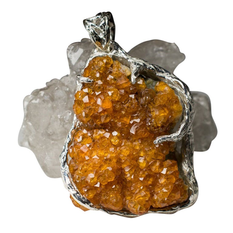 Pendentif en argent spessartine, cristals de grenat naturel orange vif, pierre précieuse brute 