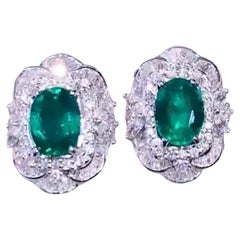 AIG Certified 7.36 Ct Zambian Emeralds 3.02 Diamonds 18k Gold Earrings 