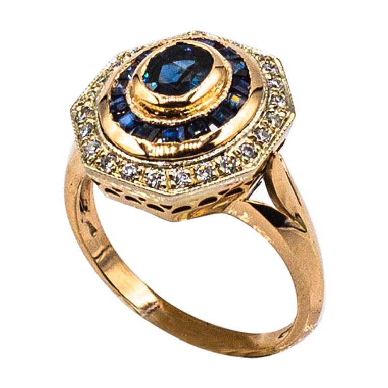 Art Deco Style White Diamond Oval Cut Blue Sapphire Yellow Gold Cocktail Ring For Sale
