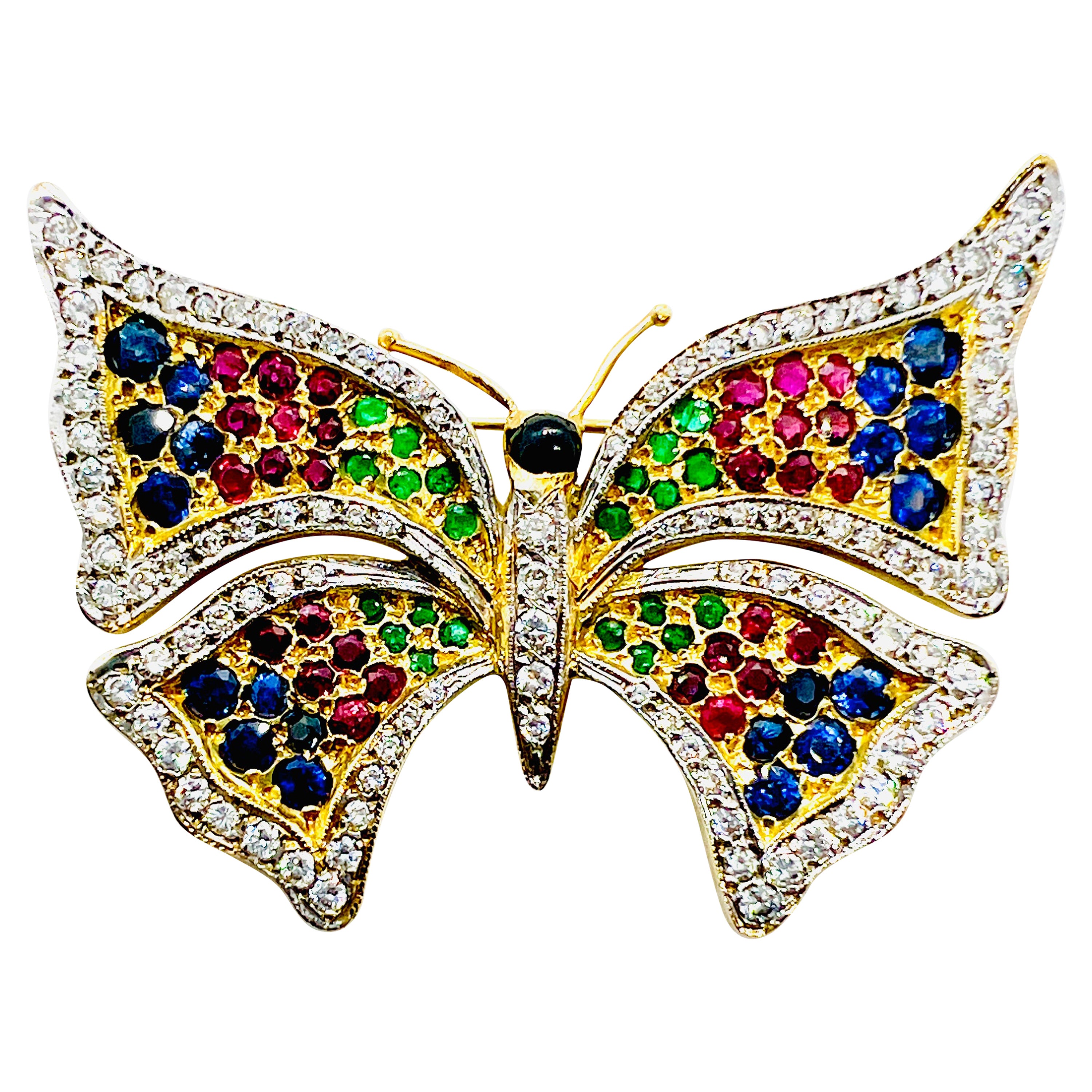Vintage 18K yellow Gold, Diamond, Sapphire, Ruby & Emerald Butterfly Brooch  