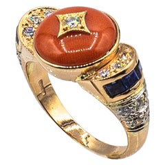 Art Deco Style White Diamond Blue Sapphire Red Coral Yellow Gold Cocktail Ring