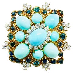 18K yellow Gold Diamond, Turquoise & Sapphire 2 inch Square Brooch