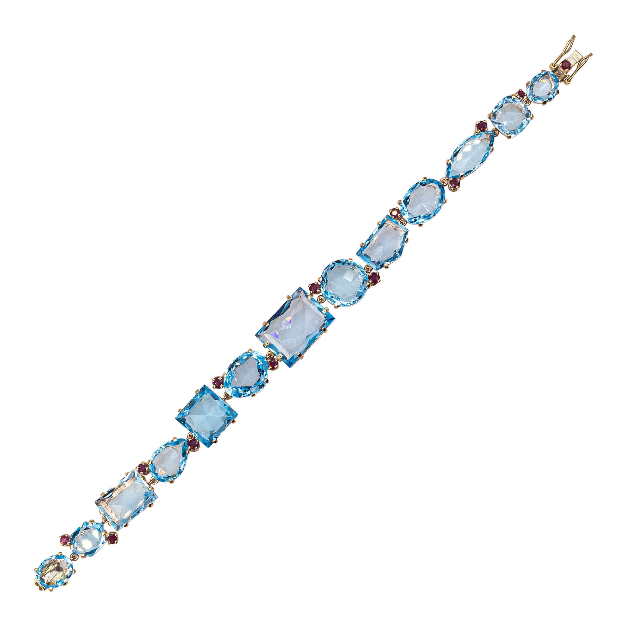 Art Deco Style Modern Round Cut Ruby Mixed Cut Blue Topaz Yellow Gold Bracelet For Sale