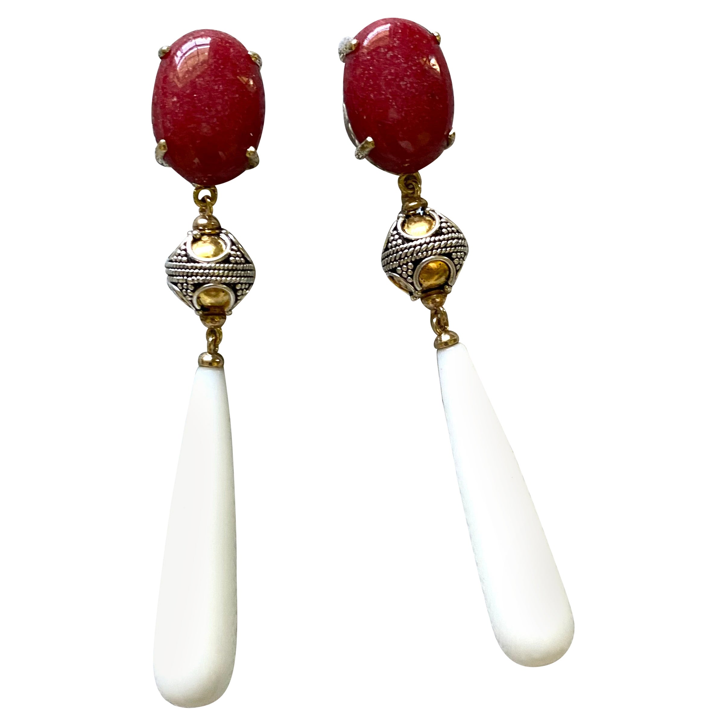 Michael Kneebone Red coral Granulated Bead White Chalcedony Dangle Earrings For Sale