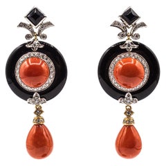 Art Deco Style Mediterranean Red Coral White Diamond Onyx White Gold Earrings