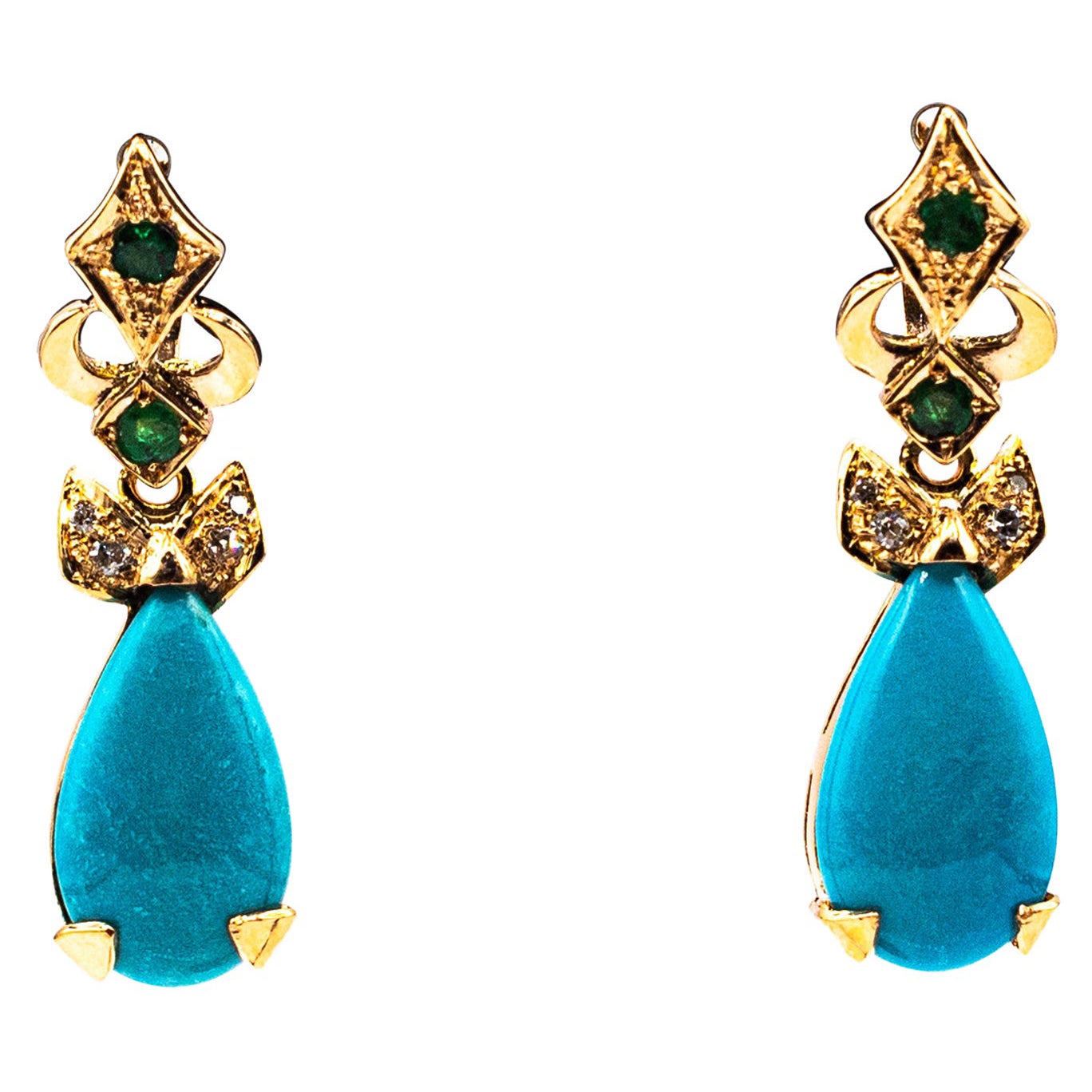 Art Deco Style White Diamond Emerald Turquoise Yellow Gold Lever Back Earrings For Sale