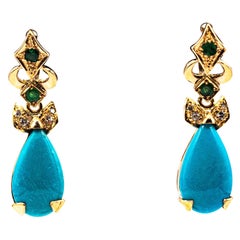 Art Deco Style White Diamond Emerald Turquoise Yellow Gold Lever Back Earrings