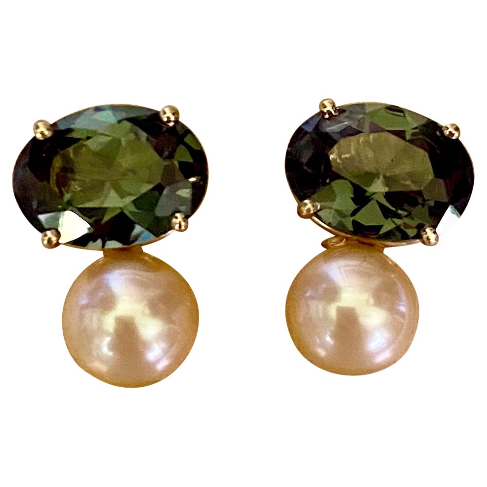 Michael Kneebone Green Sapphire Golden South Seas Pearl Due Gemme Drop Earrings