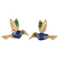 14k Gold Hummingbird Earings Studs with Sapphires, Sapphire Bird Stud Earrings