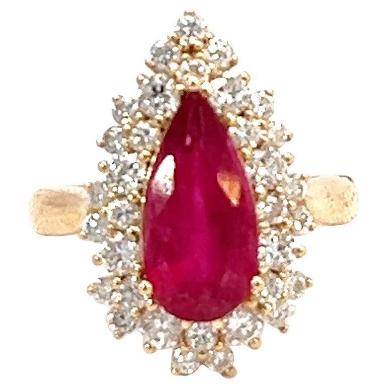 Rare 14k 2.69ct Pear Vivid Red Rubellite with 1.22ct Statement Diamond Ring For Sale