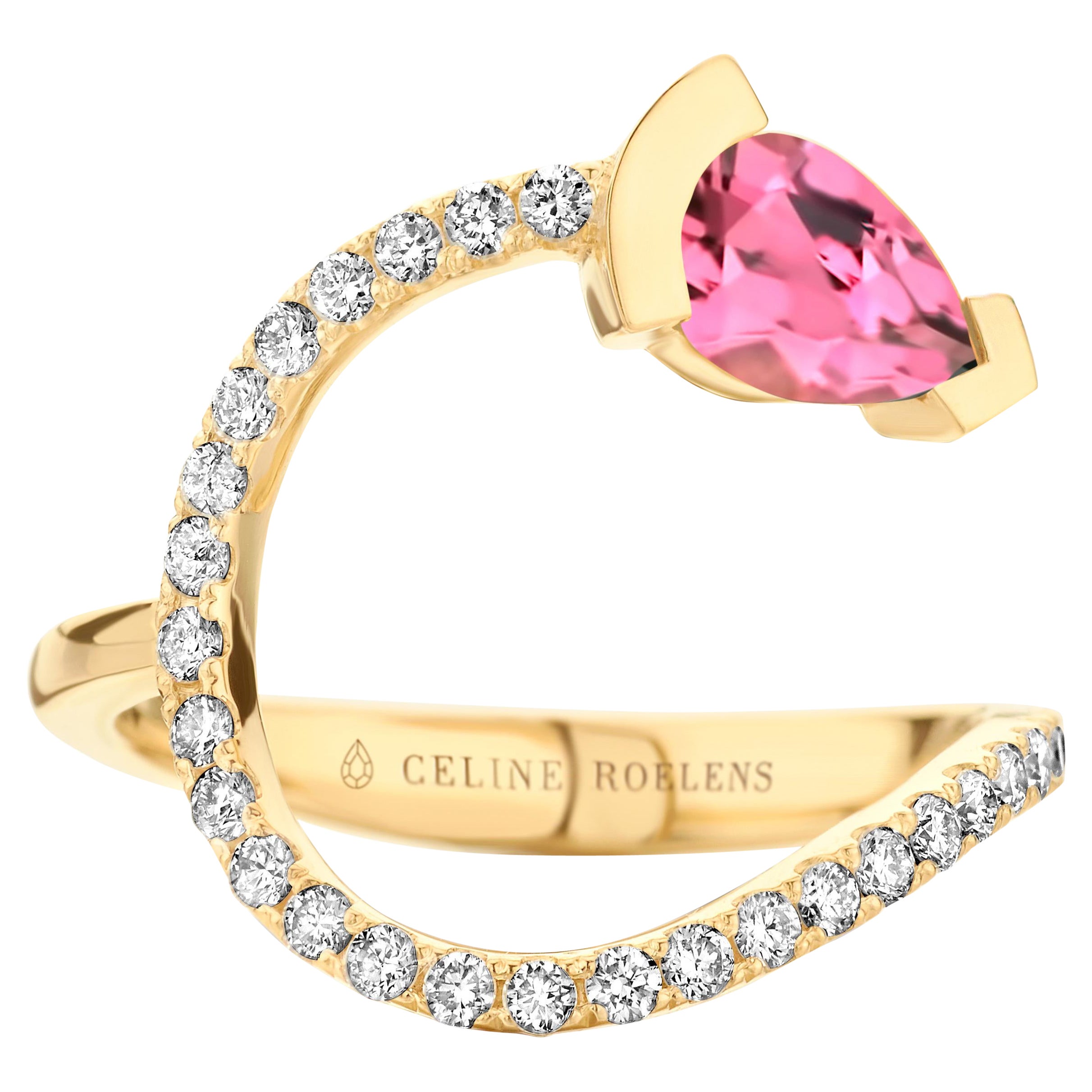 Yellow Gold Pink Tourmaline Diamond Cocktail Ring For Sale