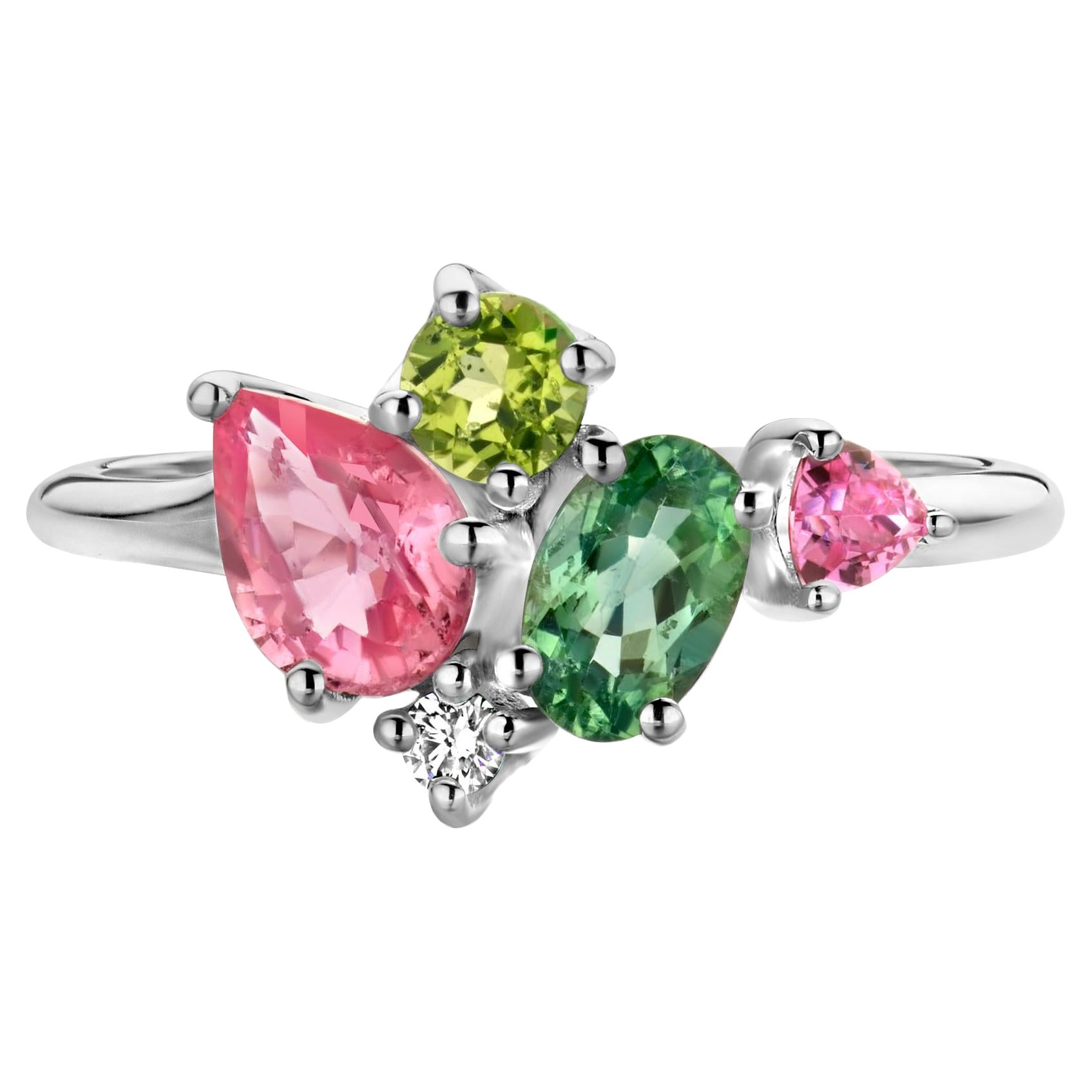 Bague en or blanc saphir tourmaline péridot diamant en vente