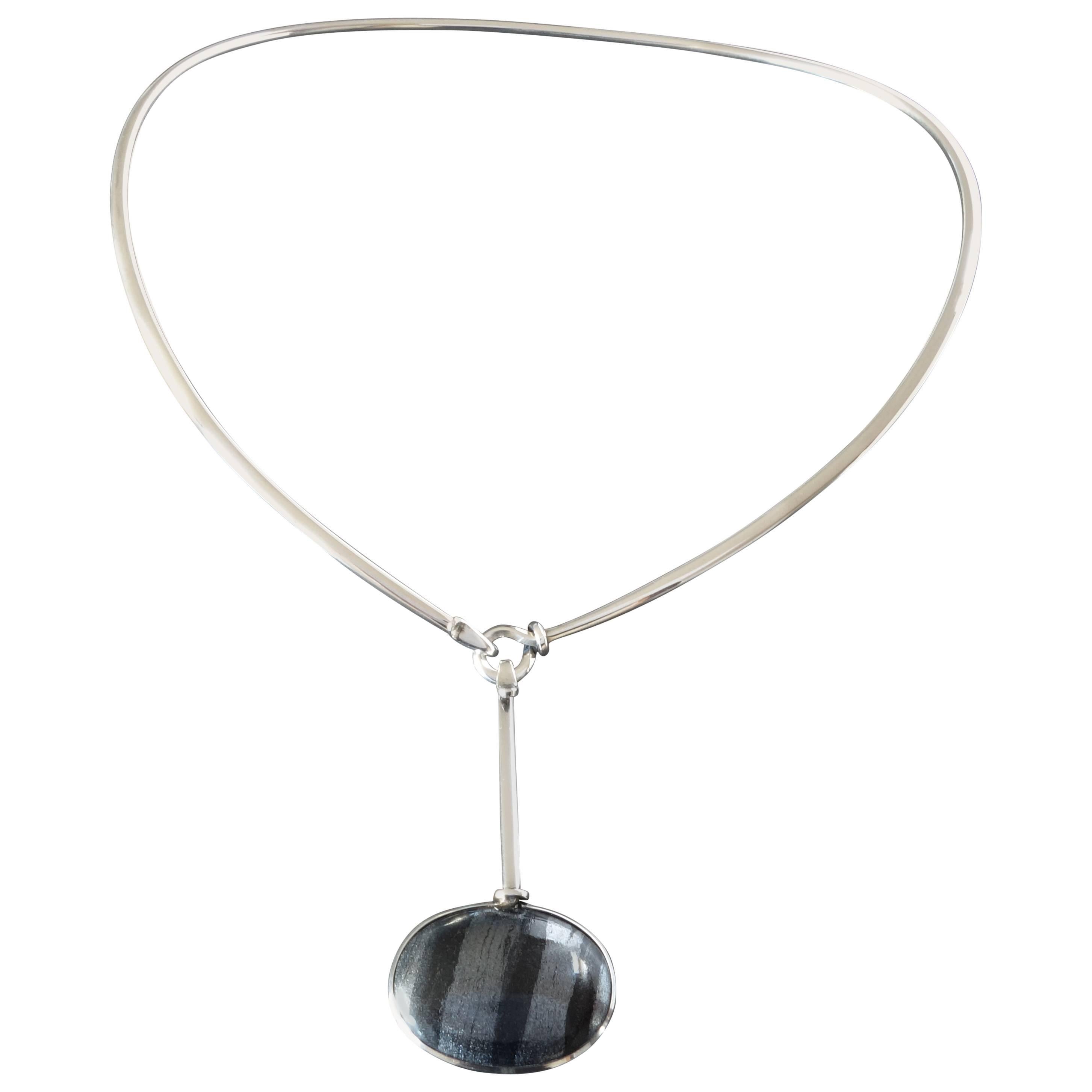 Georg Jensen Torun Modernist Silver Neck Ring 174 Hematite Drop Pendant No. 129 For Sale