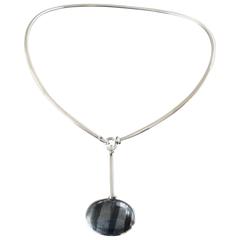 Vintage Georg Jensen Torun Modernist Silver Neck Ring 174 Hematite Drop Pendant No. 129