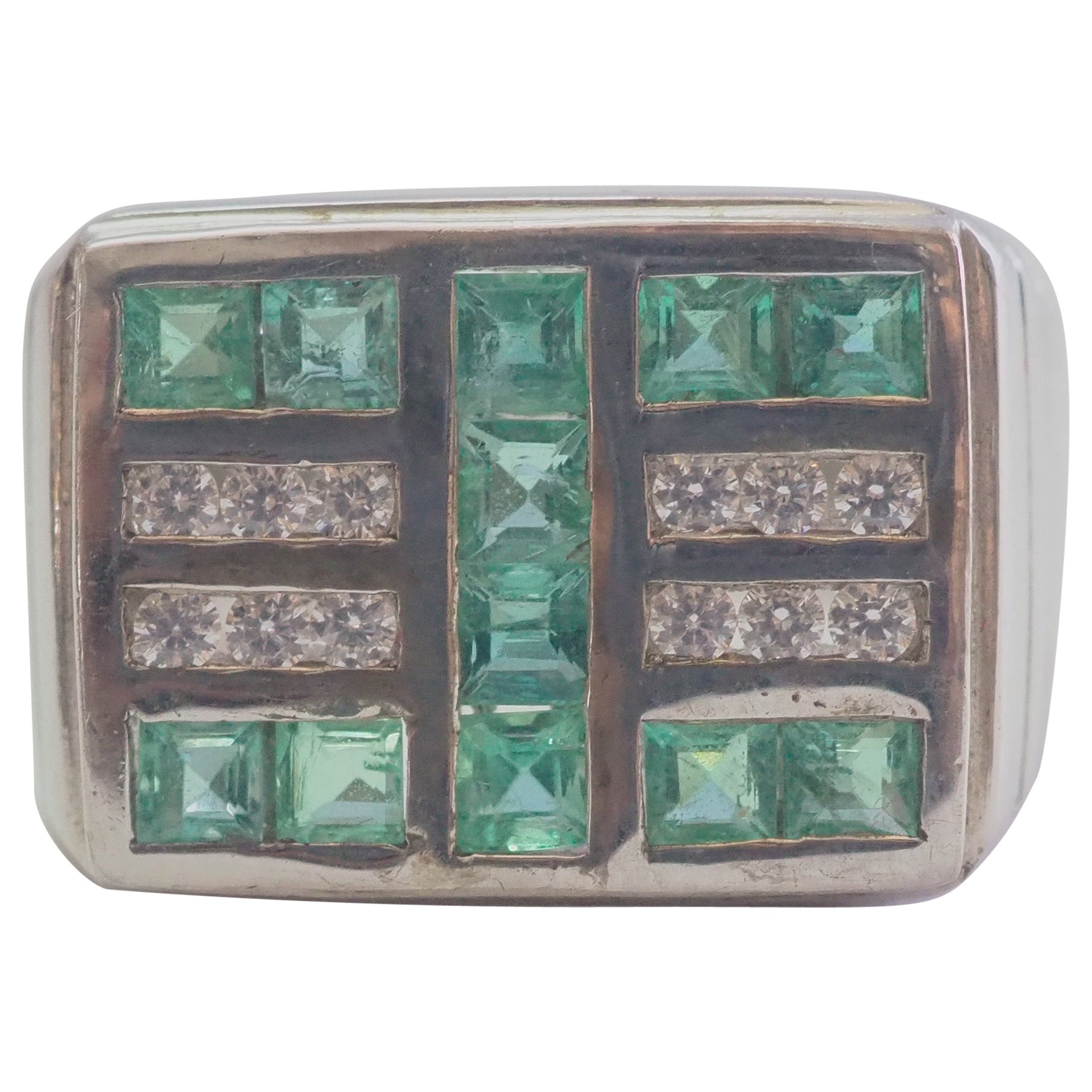 Signet 1.50ct Emerald & CZ Rectangular Men's Sterling Silver Ring For Sale