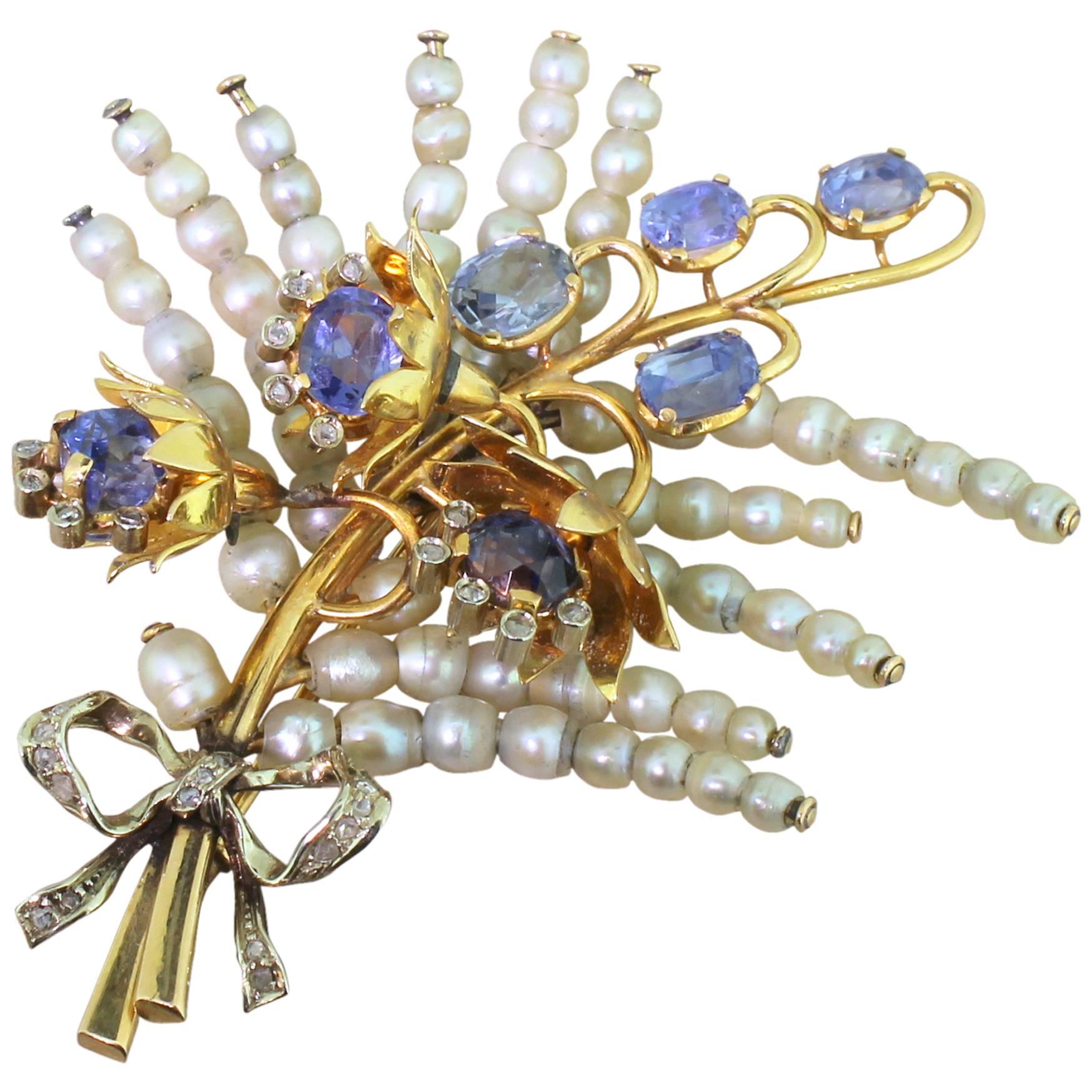 Art Deco Natural Pearl, Natural Sapphire & Rose Cut Diamond Foliate Brooch For Sale