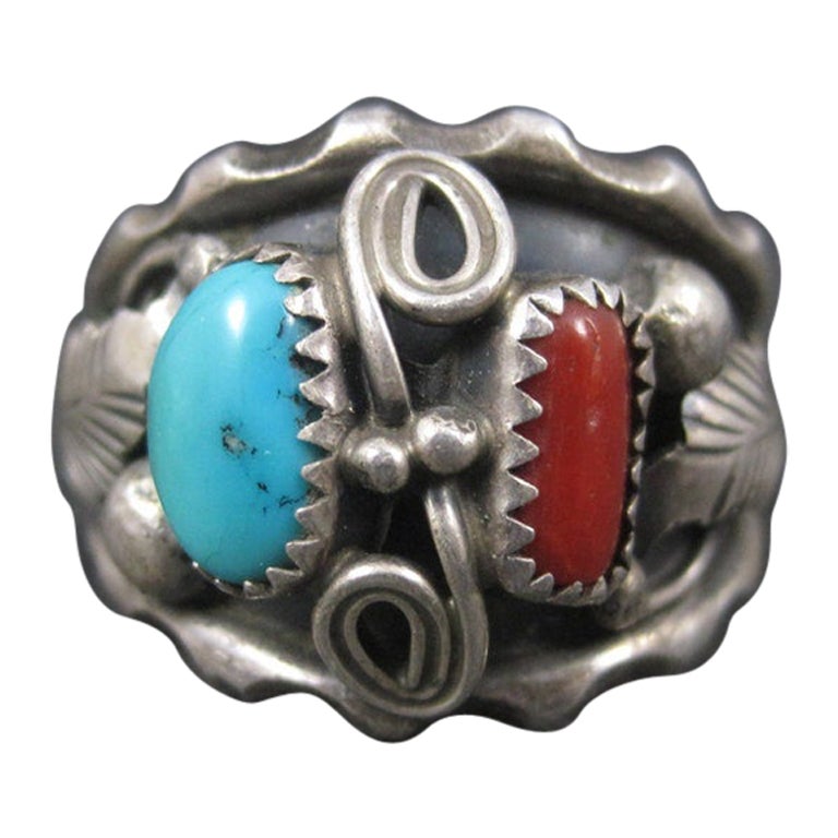 Vintage Navajo Turquoise and Coral Ring Size 13 For Sale