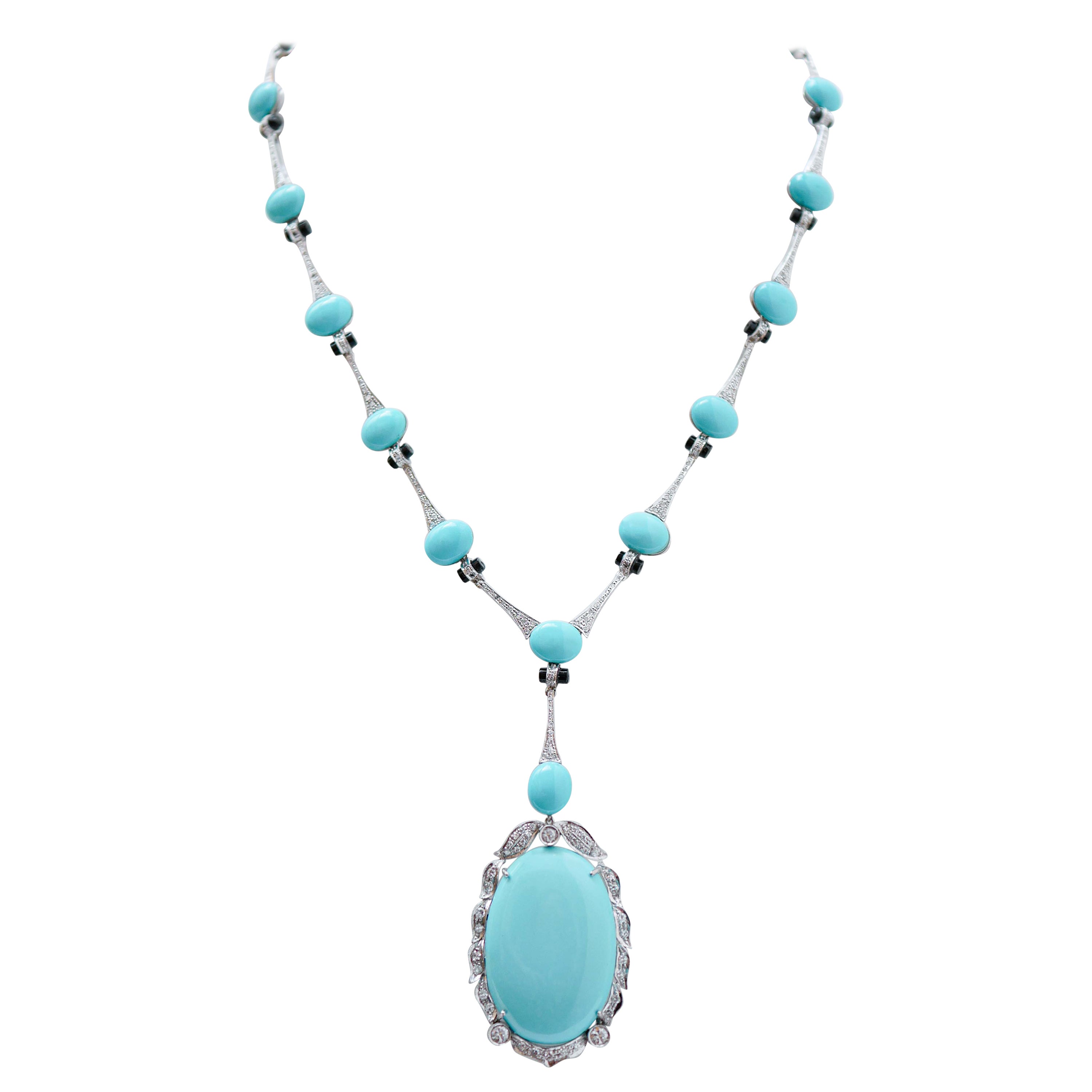 Turquoise, Onyx, Diamonds, Platinum Necklace. For Sale