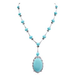 Vintage Turquoise, Onyx, Diamonds, Platinum Necklace.