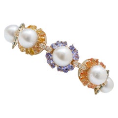 Retro South-Sea Pearls, Tanzanite, Sapphires, Diamonds, 14 Karat Rose Gold Bracelet.