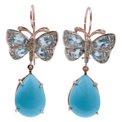 Vintage Turquoise, Topazs, Diamonds, Rose Gold and Silver Dangle Earrings.